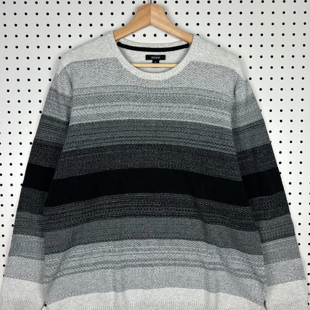 Vintage Chunky Waffle Striped Knit Sweater XL Gray Black Weave Grandpa Alfani - Picture 2 of 6